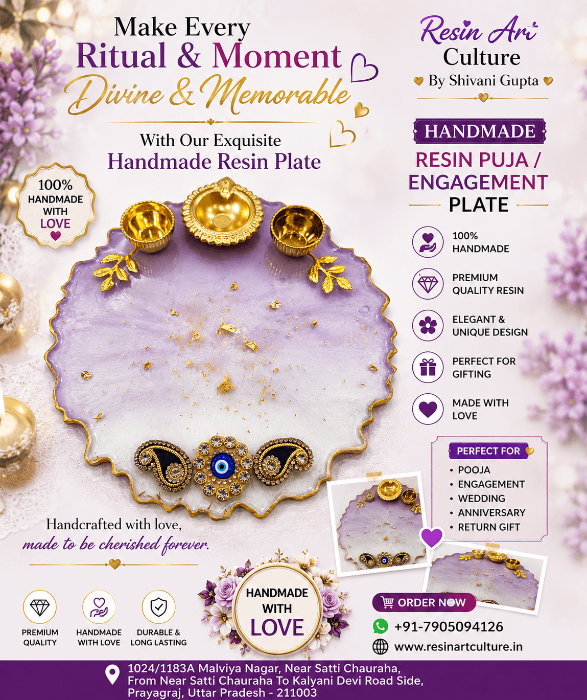 Handmade Resin Pooja Plate with Diya & Kumkum Bowls Premium Engagement Thali